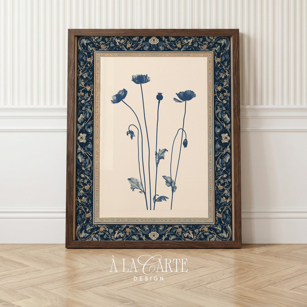 Cream background floral print featuring indigo poppies — antique botanical heritage textile style artwork with elegant natural form