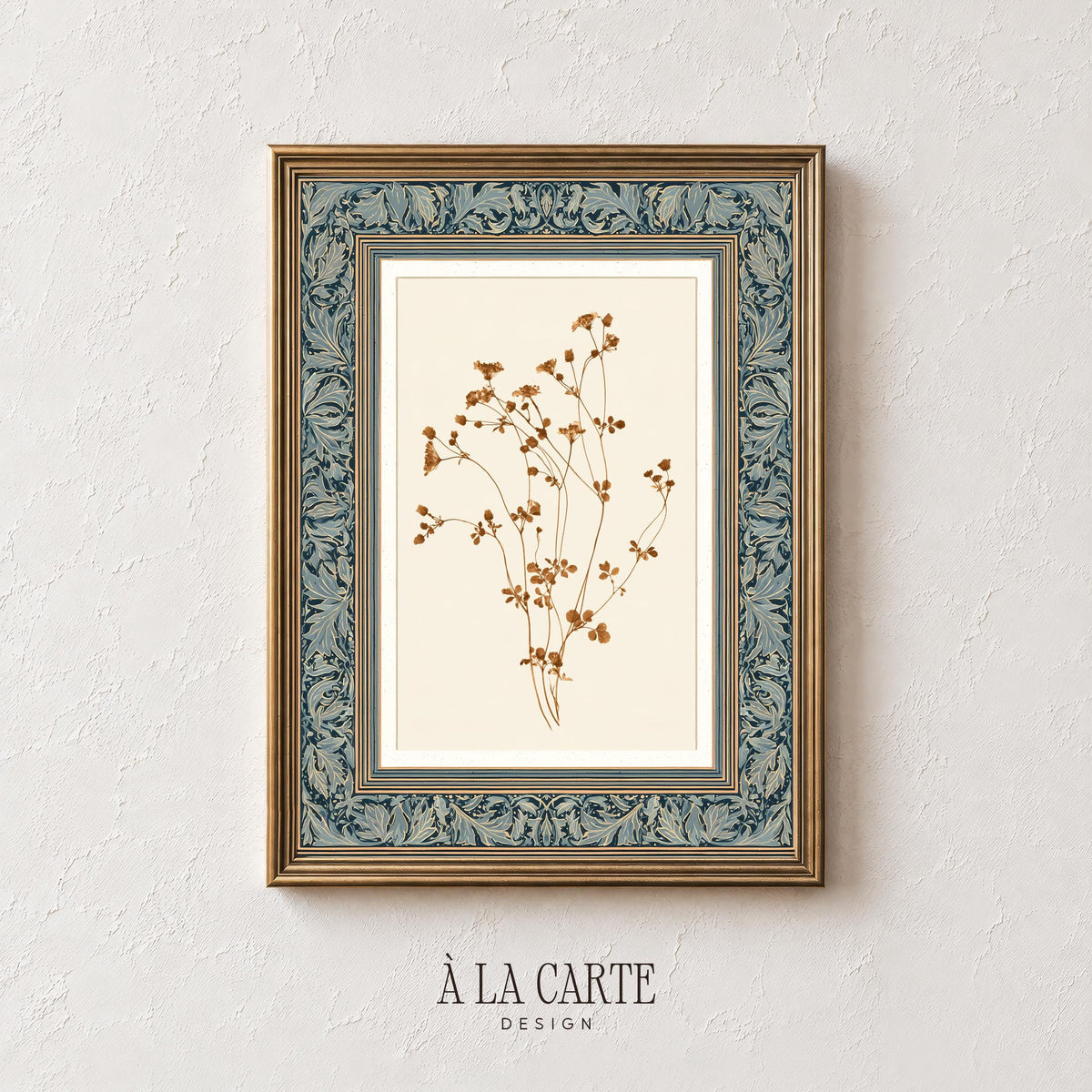 Vintage tapestry botanical artwork featuring muted stems — cottagecore floral pattern with antique linework and rustic appeal