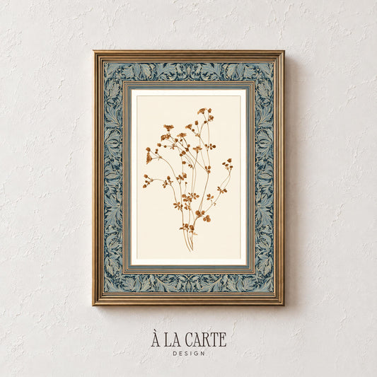 Vintage tapestry botanical artwork featuring muted stems — cottagecore floral pattern with antique linework and rustic appeal