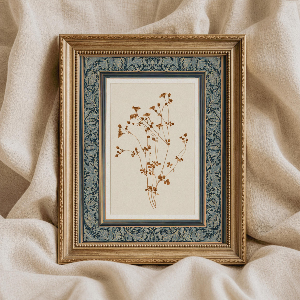 Vintage botanical illustration wall art for farmhouse — pressed flower design with understated elegance and archival aged feel
