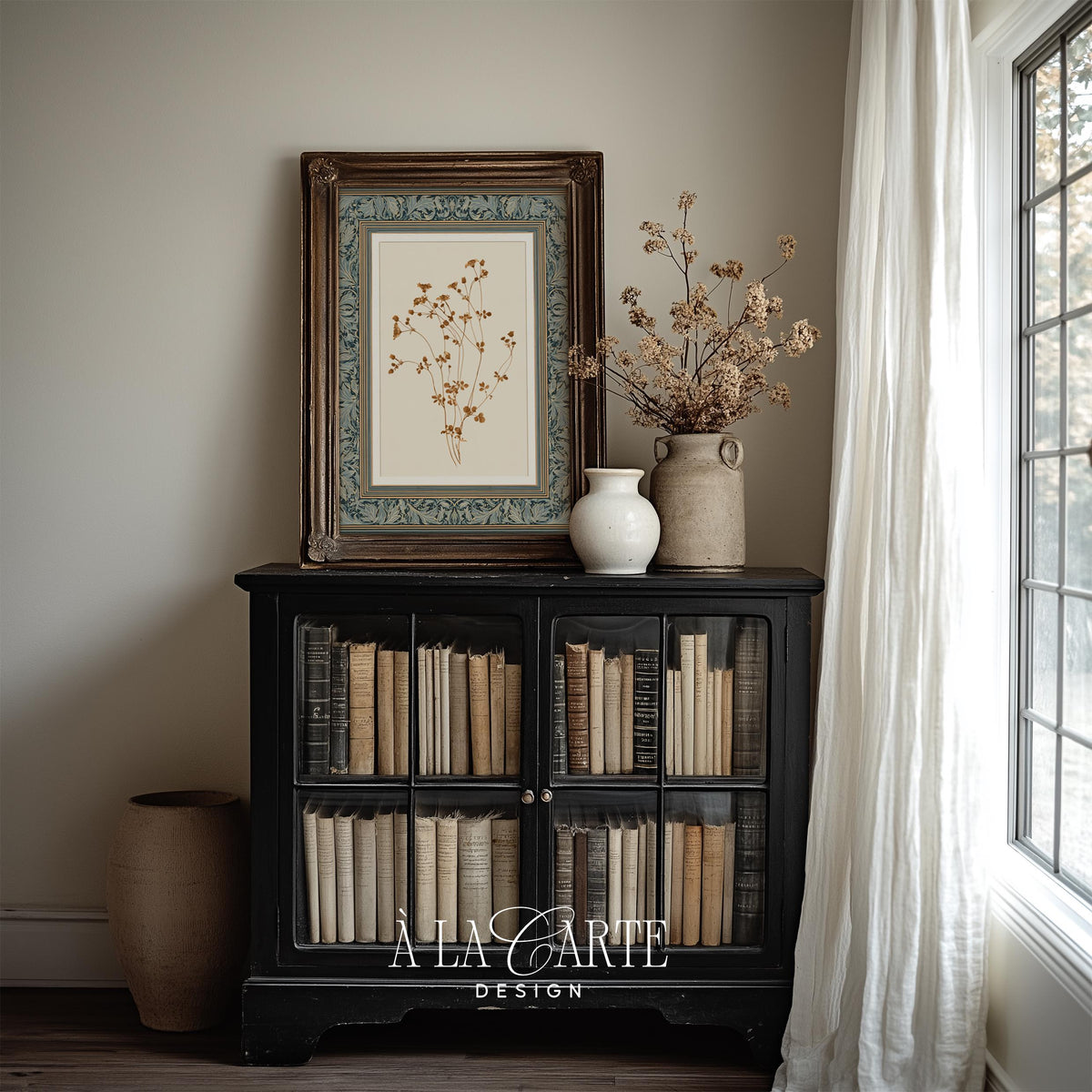 Antique seed pod poster featuring fine linework — heritage botanical artwork with curling stems on soft ivory backdrop