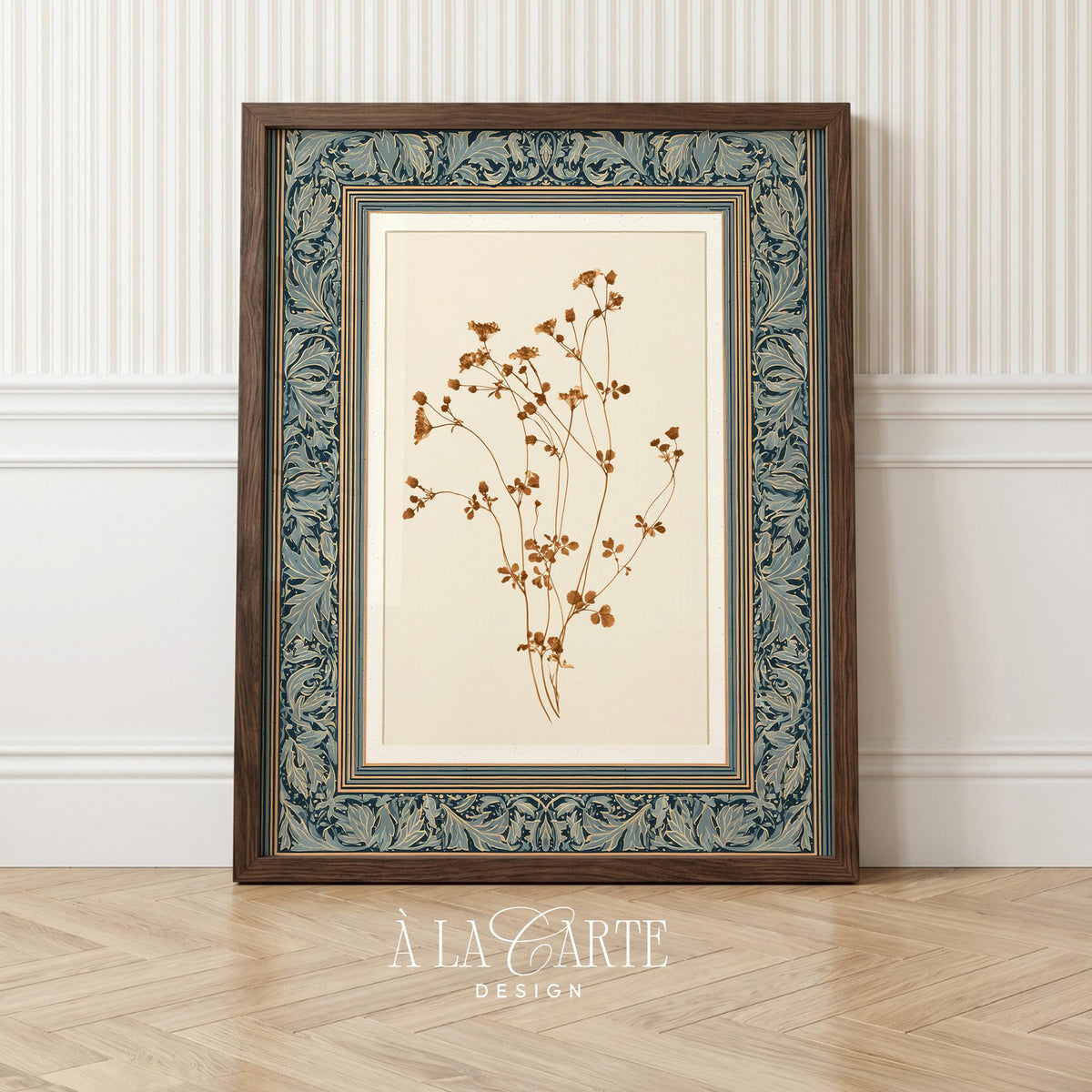 Cottage-style floral tapestry printable for gallery wall — minimalist dried blossom cluster with French country botanical charm