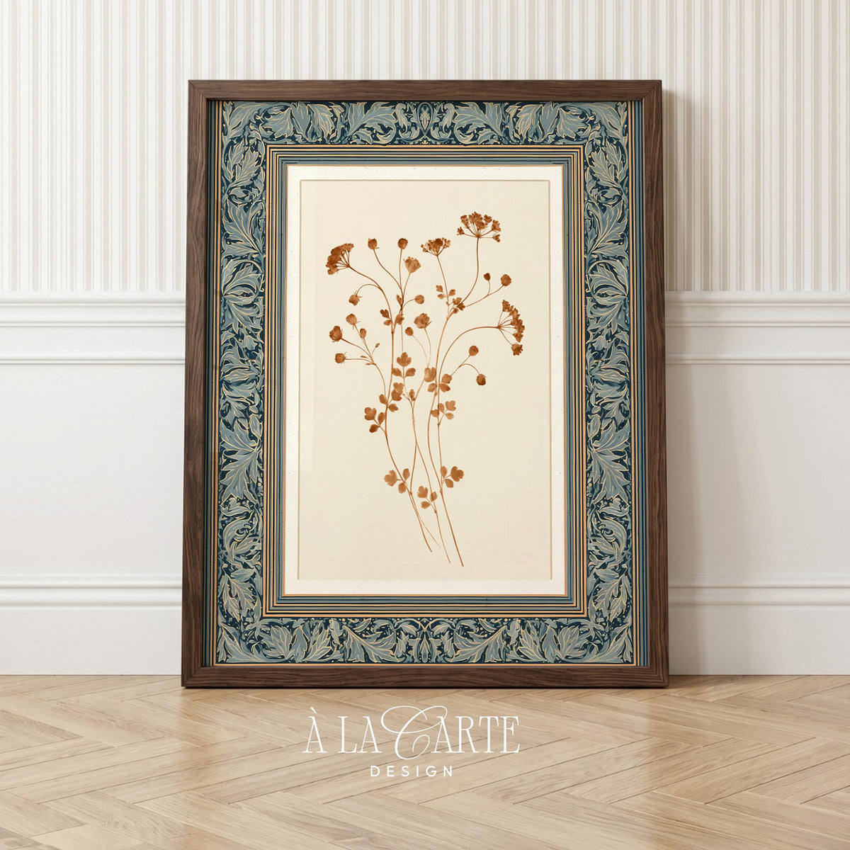 Pressed wildflower stems printable art for bedroom — vintage botanical illustration with rust and amber florals on cream