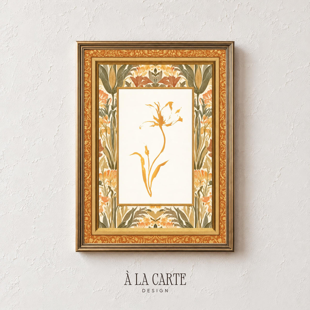 Golden botanical stem printable art for bedroom — vintage floral design with ornate border and warm earth tones