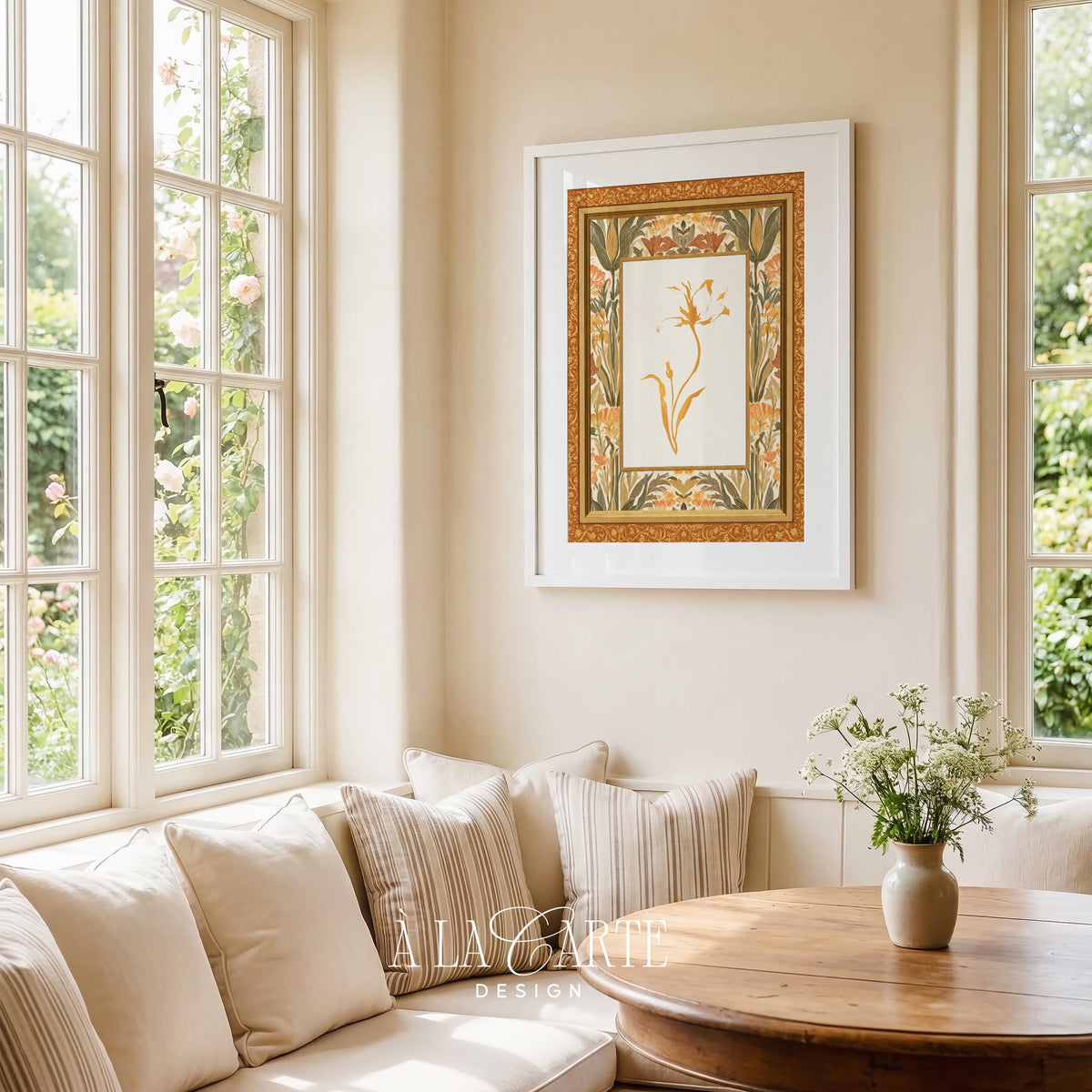 Cottagecore floral poster art for entryway — antique-inspired stem illustration with ornamental frame design