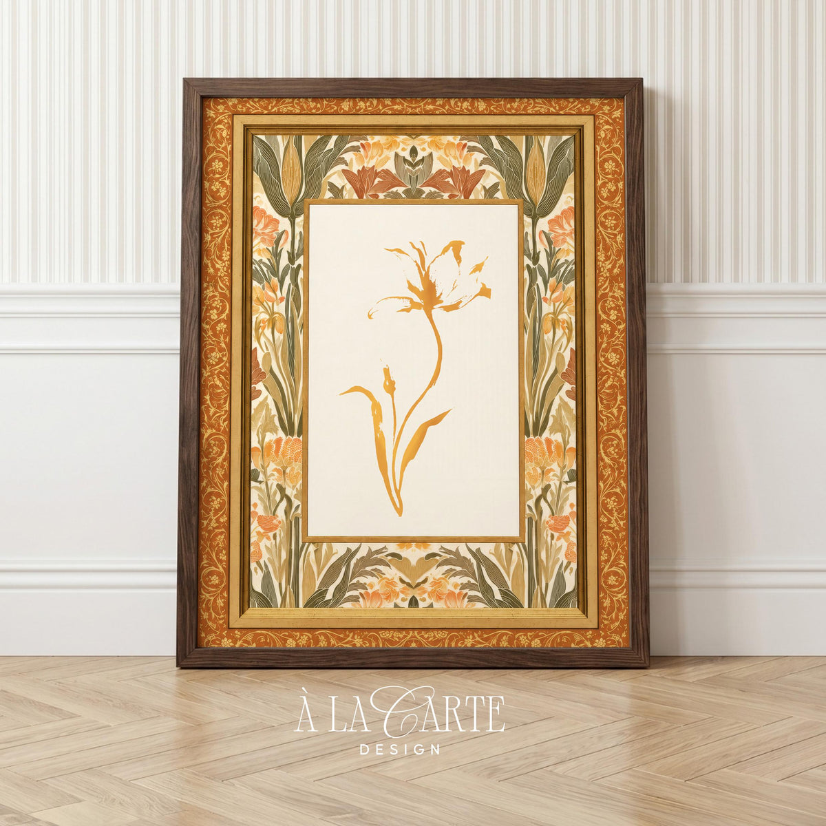 Antique tapestry print for living room — minimalist stem with decorative tulip and leaf border pattern