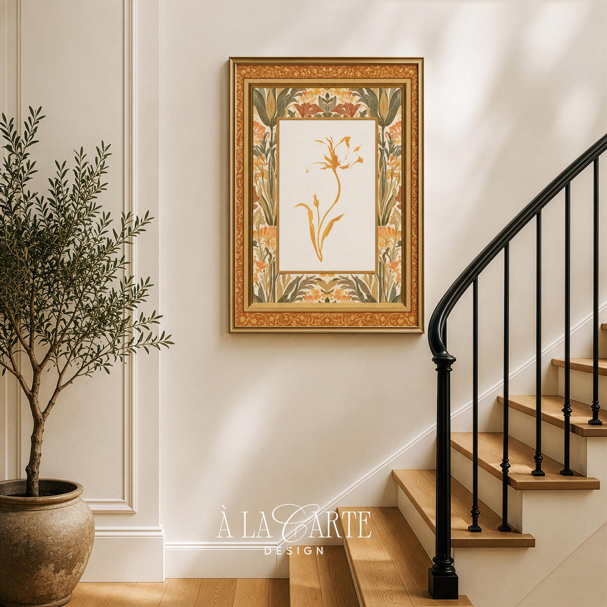 Grandmillennial botanical print wall art — vintage flower stem with decorative tulip border in earth tone palette