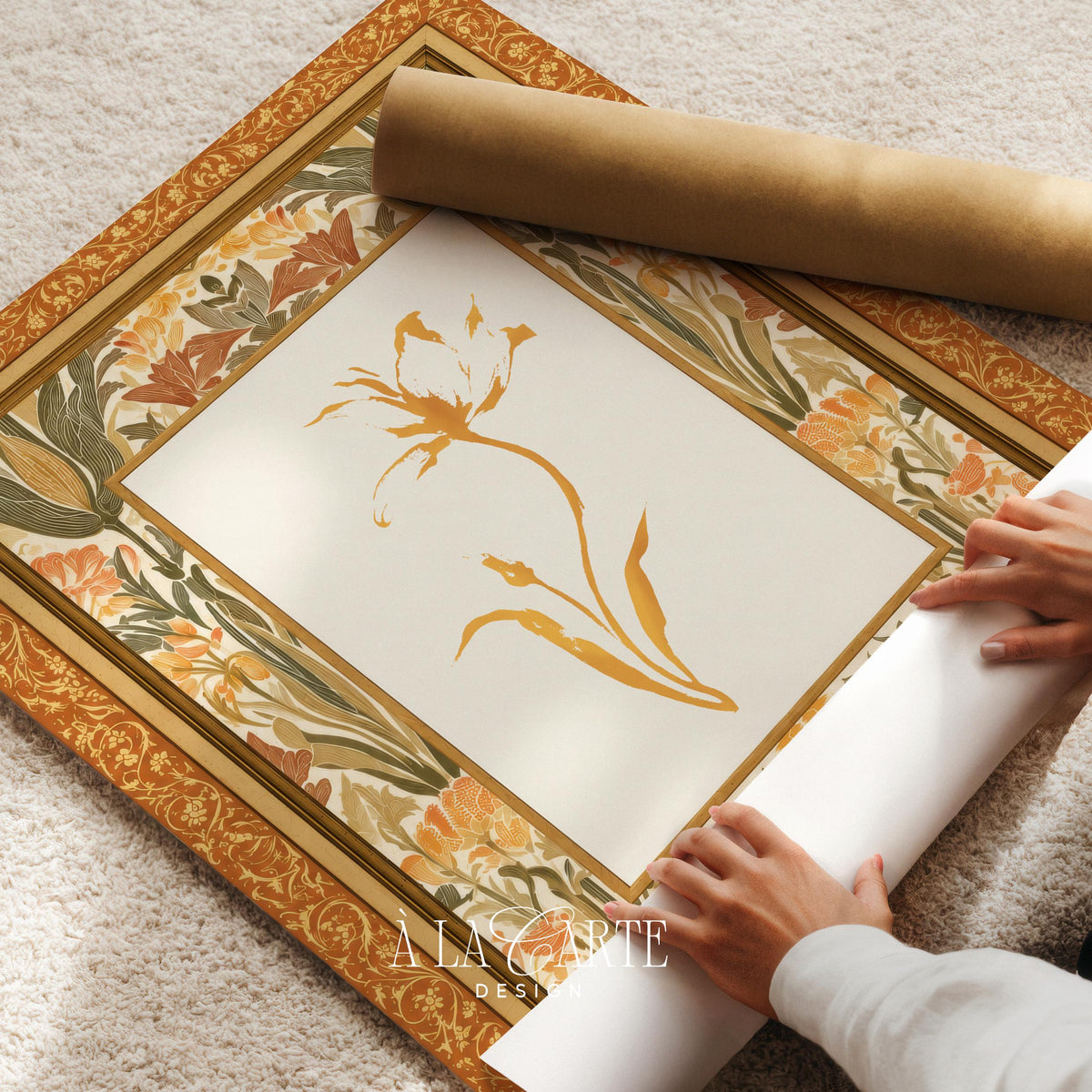 Elegant botanical picture for dining room — antique textile-inspired with delicate stem and ornate leaf motifs