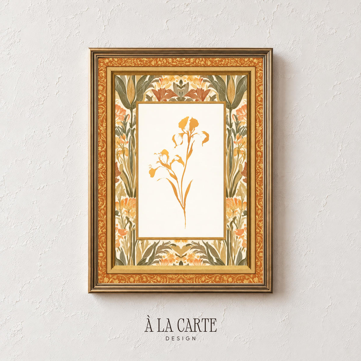 Heritage floral wall decor for kitchen — grandmillennial botanical design with sage green and warm gold ornamentation