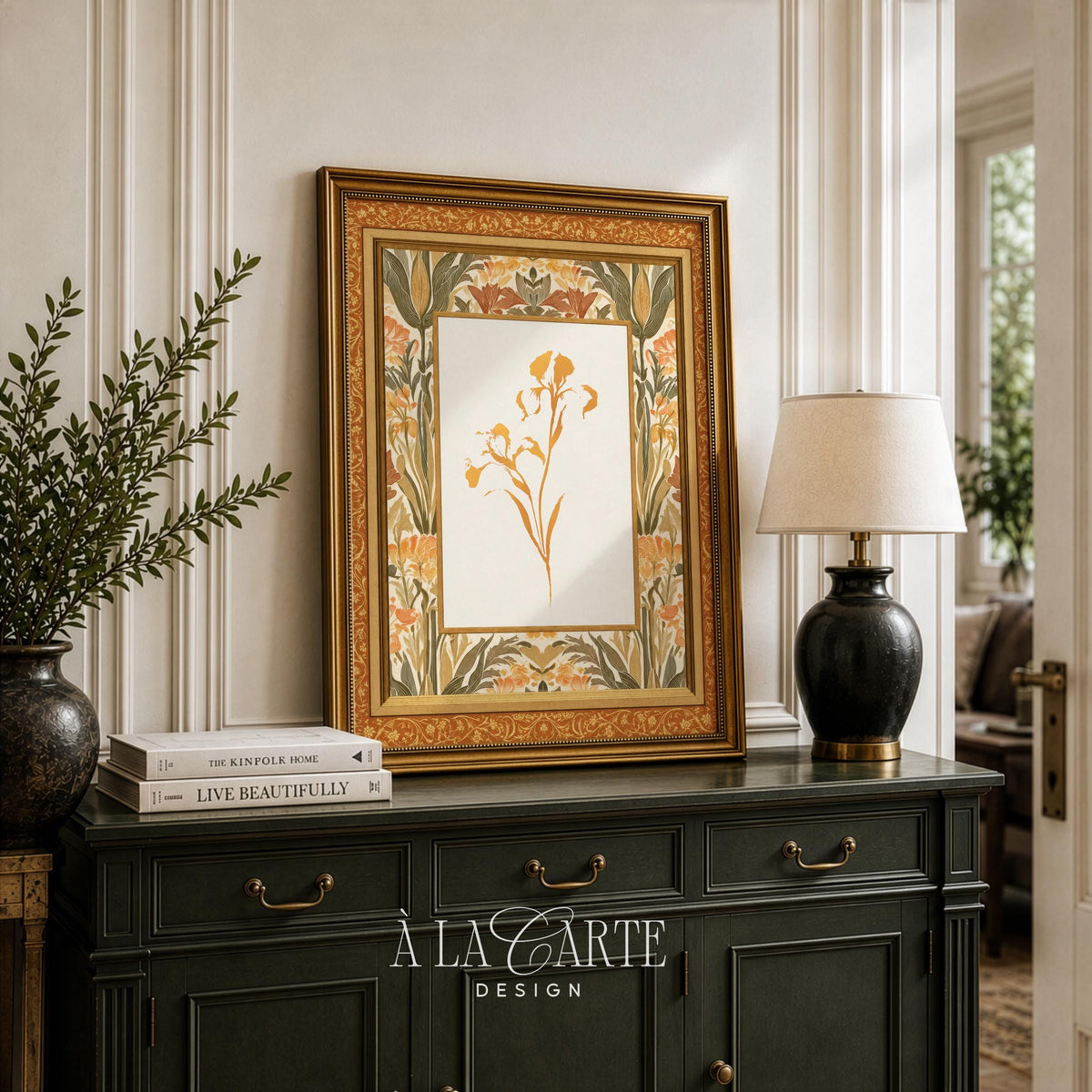 Antique botanical digital print — elegant cream background with hand-illustrated orange blooms and traditional tapestry pattern