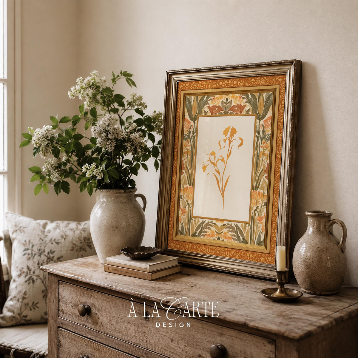 Vintage nature study artwork for bedroom — intricately bordered botanical print with warm cottage aesthetic and fine linework