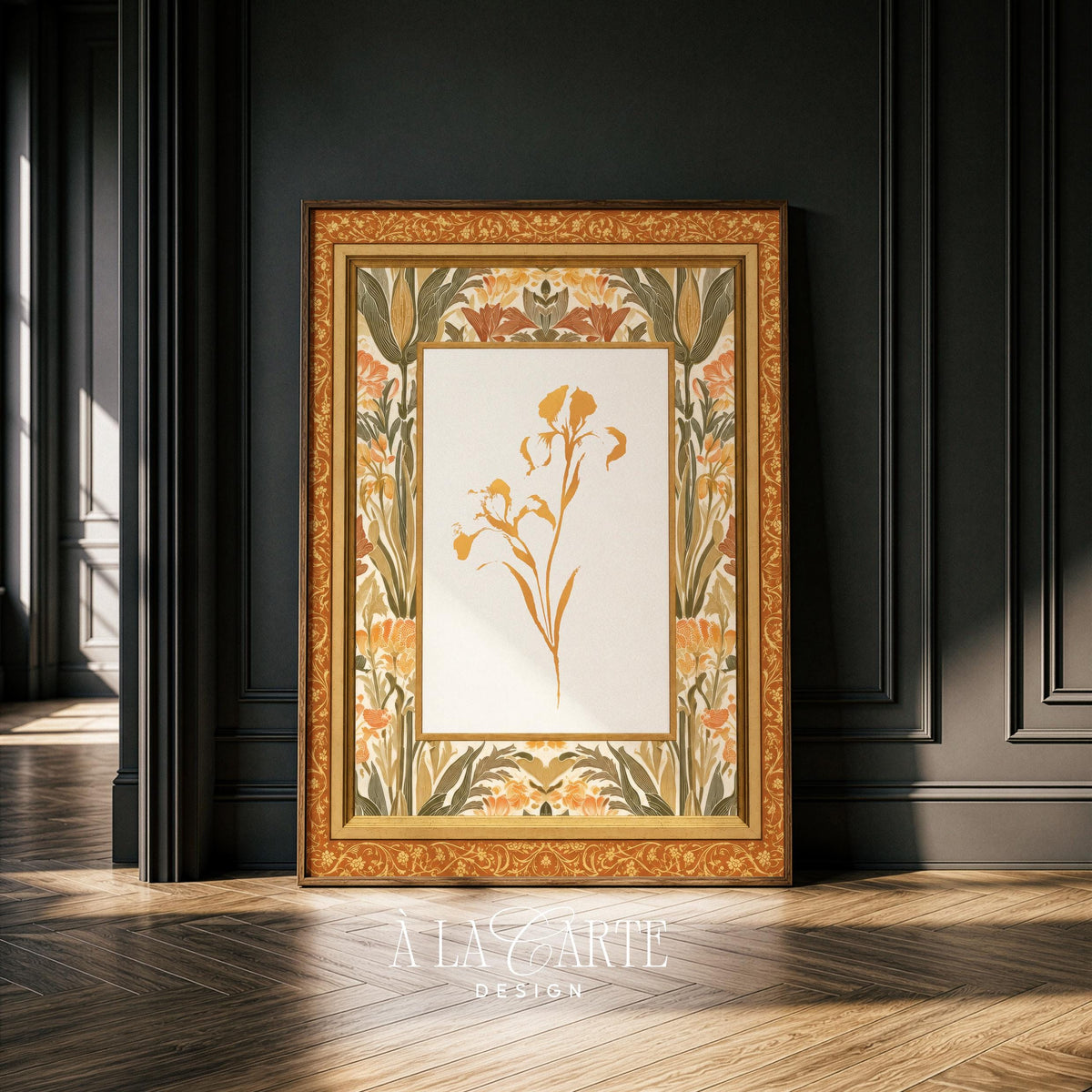 Vintage Amber Botanical Printable Wall Art | Art Nouveau Ornate Ochre Frame Design | Cottagecore Floral Print V376