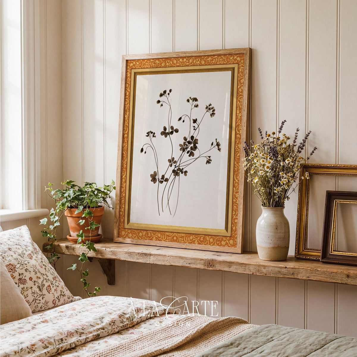 Vintage herb cluster poster — scientific-style pressed flowers with wandering stems and quiet elegance on aged paper
