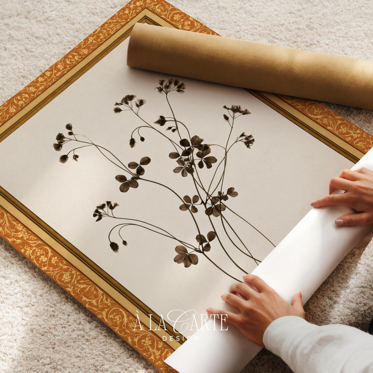 Heritage botanical tapestry art print — antique floral cluster with scientific-illustration feel and aged cream aged aesthetic