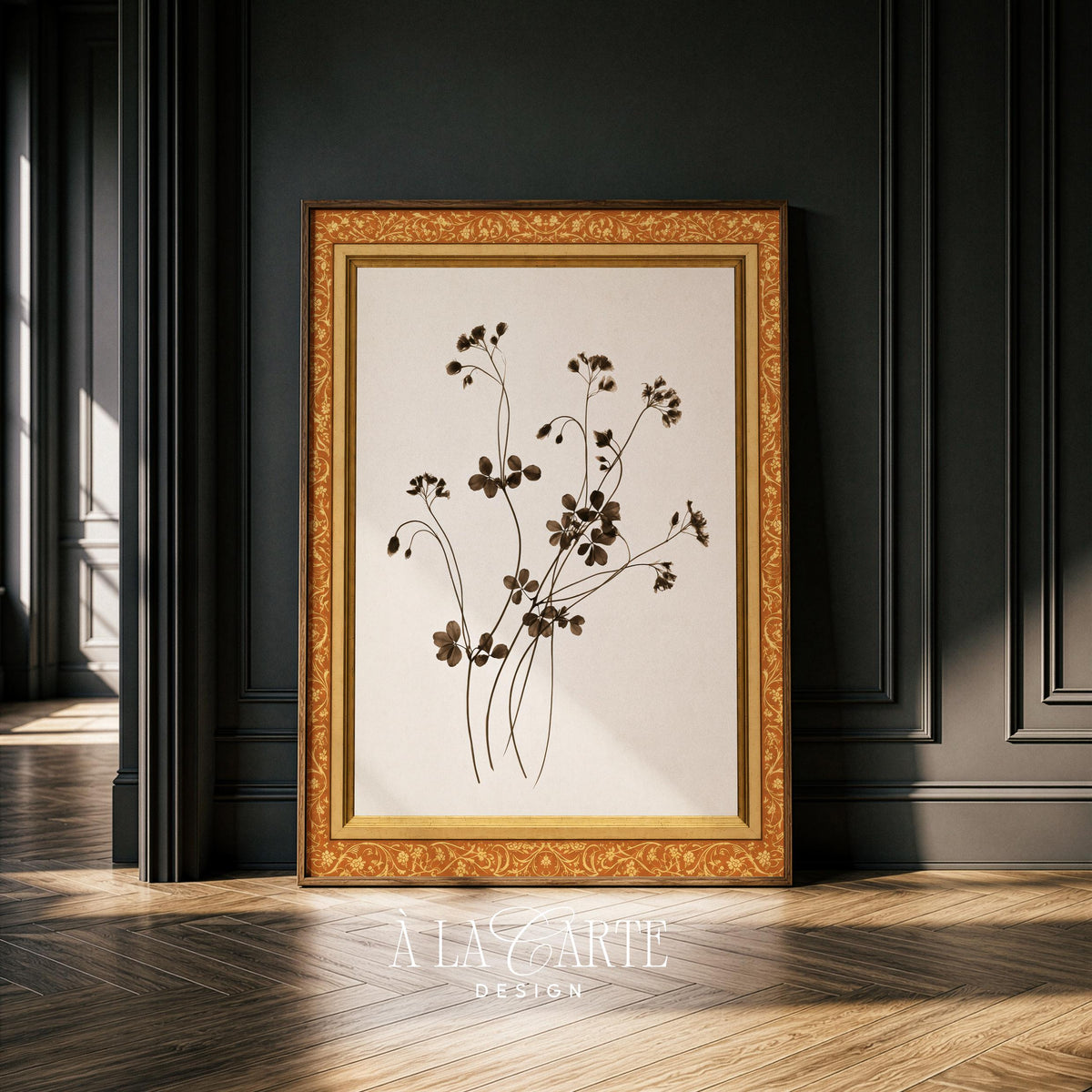 Vintage Minimal Botanical Printable Wall Art | Sepia Ochre Ornate Frame Design | Cottagecore Floral Print V379