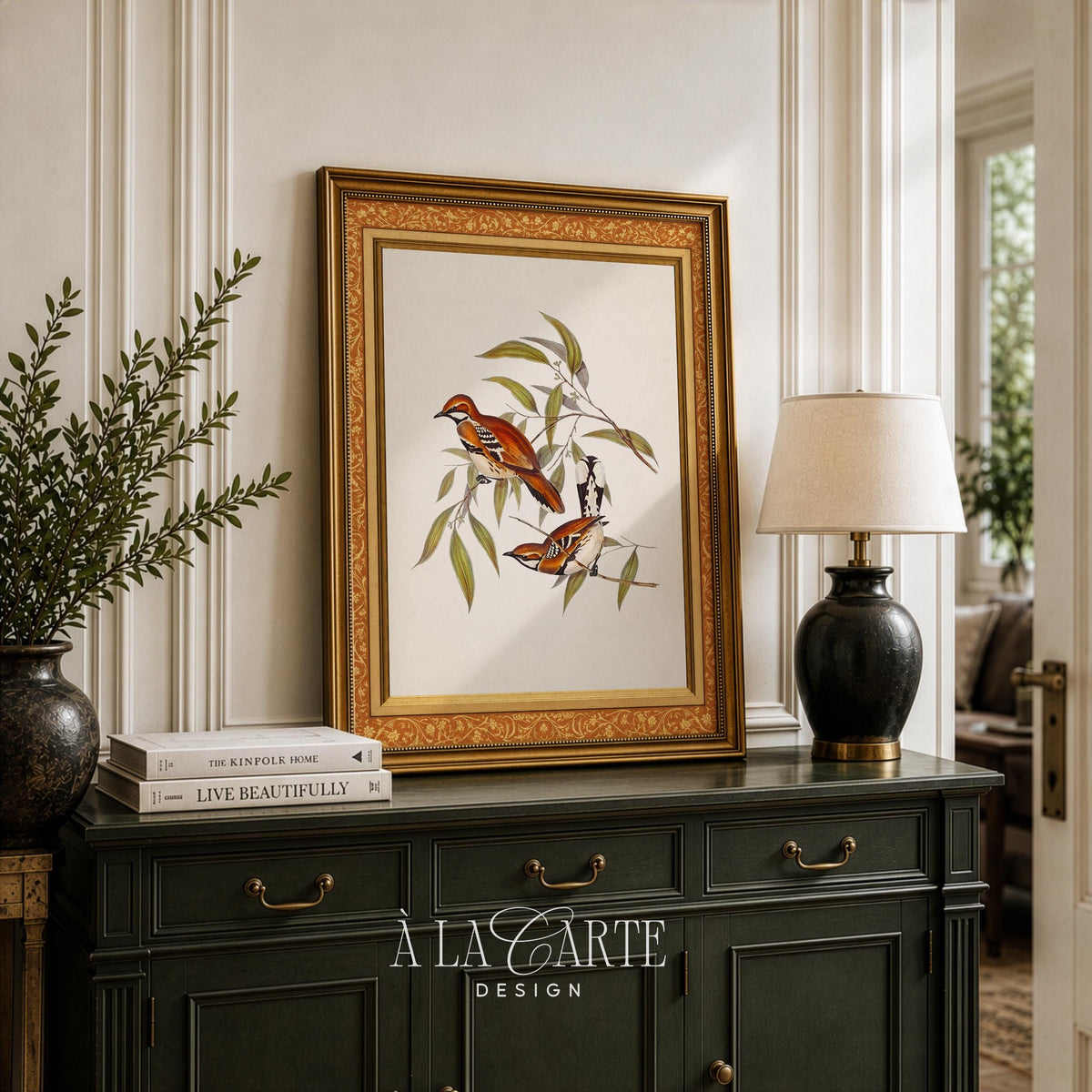 Vintage botanical bird illustration wall art — warm earthy tones and fine linework for living room