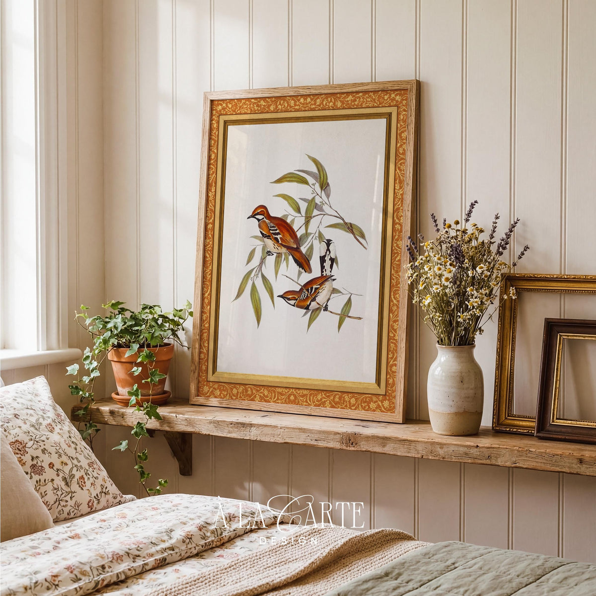 Perched songbirds wall art with delicate twigs — vintage cottagecore printable for bedroom décor