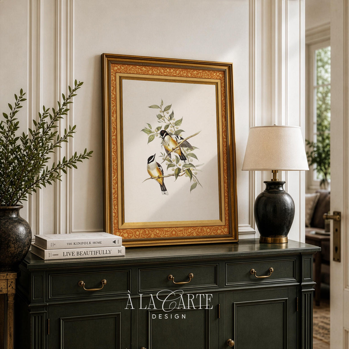 Small perching birds digital print for gallery wall — antique ornithological artwork with delicate leafy botanicals