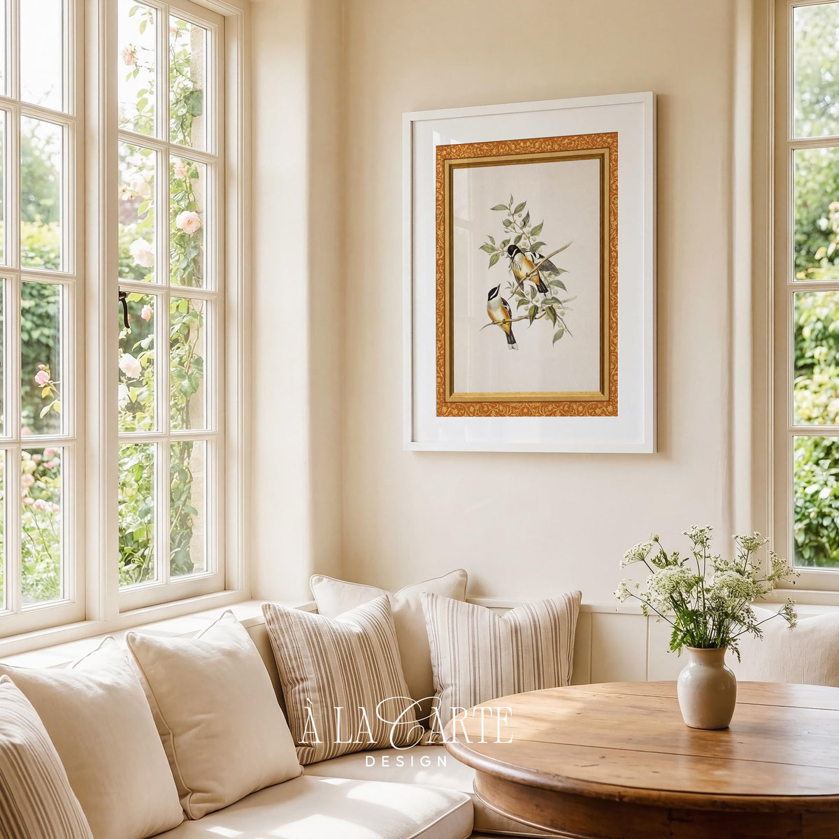 Songbird and foliage painting printable for entryway — French country aesthetic with aged parchment background