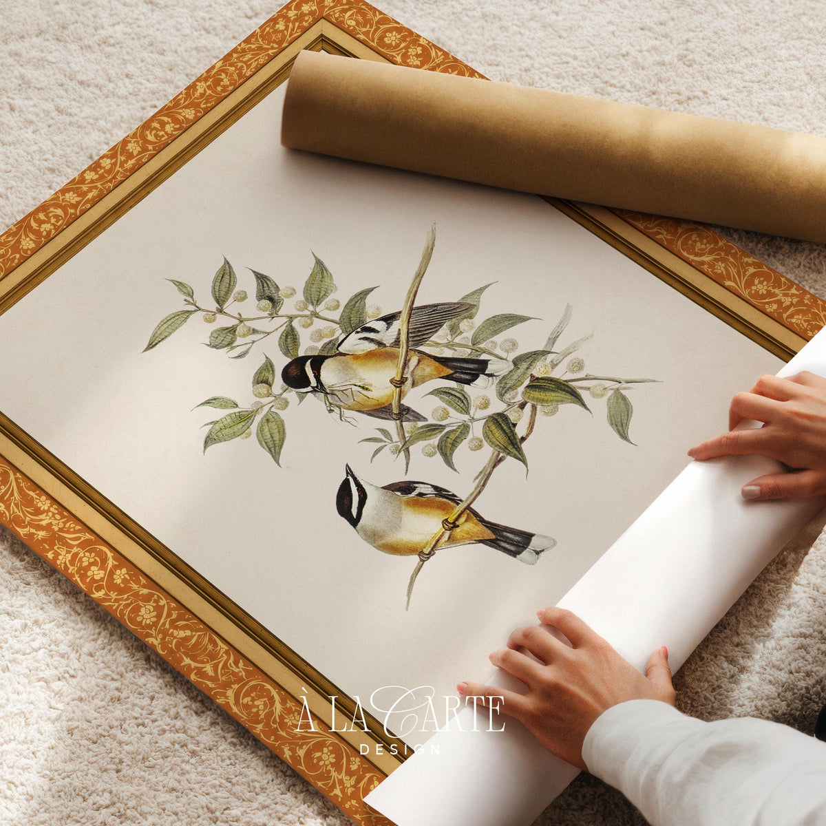 Perched birds instant download print for living room — cottagecore nature artwork featuring cream and sage palette
