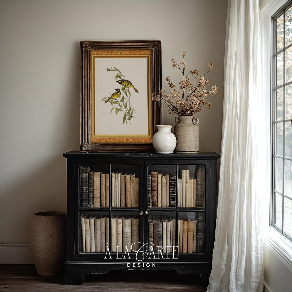 Antique engraving-style songbird picture art print with intricate leaf details and timeless scientific character