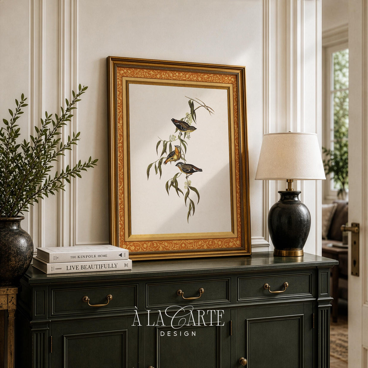 Feathered friends on flowering twig picture for dining room — grandmillennial art with old-world naturalist style