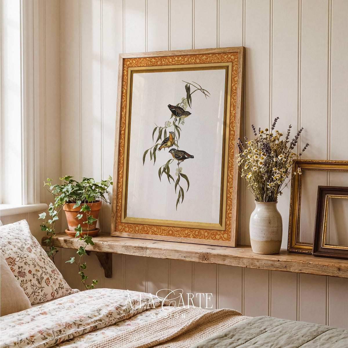 Antique bird and blossom print — cottagecore gallery wall artwork with golden warmth and botanical details