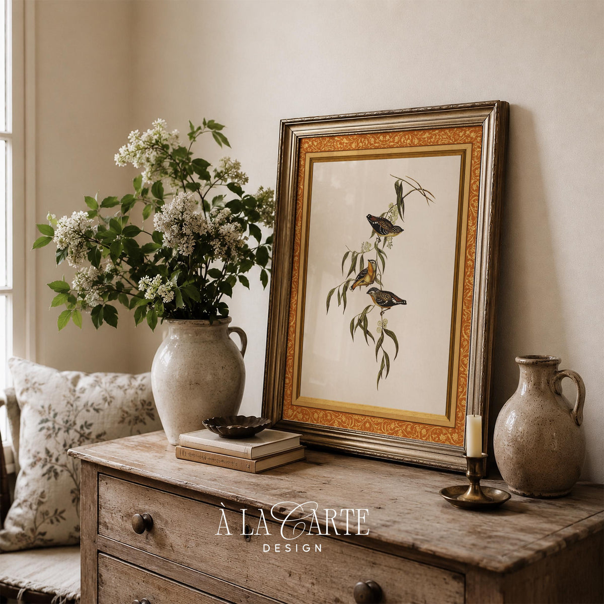 Three avians on delicate branch poster for kitchen — vintage ornithological design with soft naturalist palette