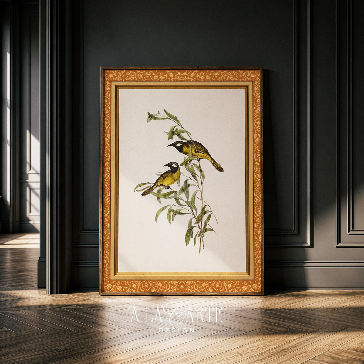 Vintage Botanical Bird Print | Antique Amber Frame Printable | Cottagecore Floral Wall Art V380