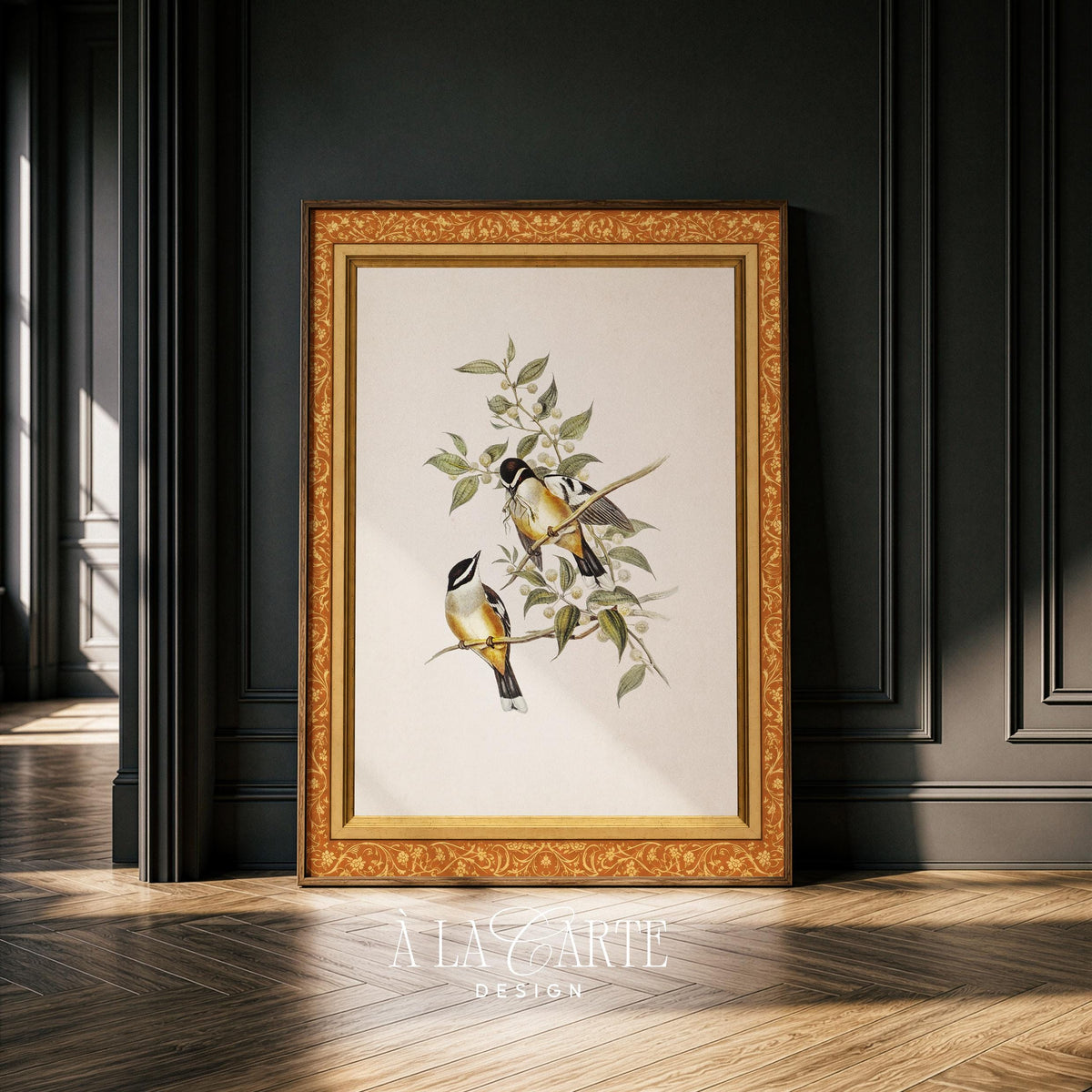 Vintage Botanical Bird Print | Antique Amber Frame Printable | Cottagecore Floral Wall Art V383