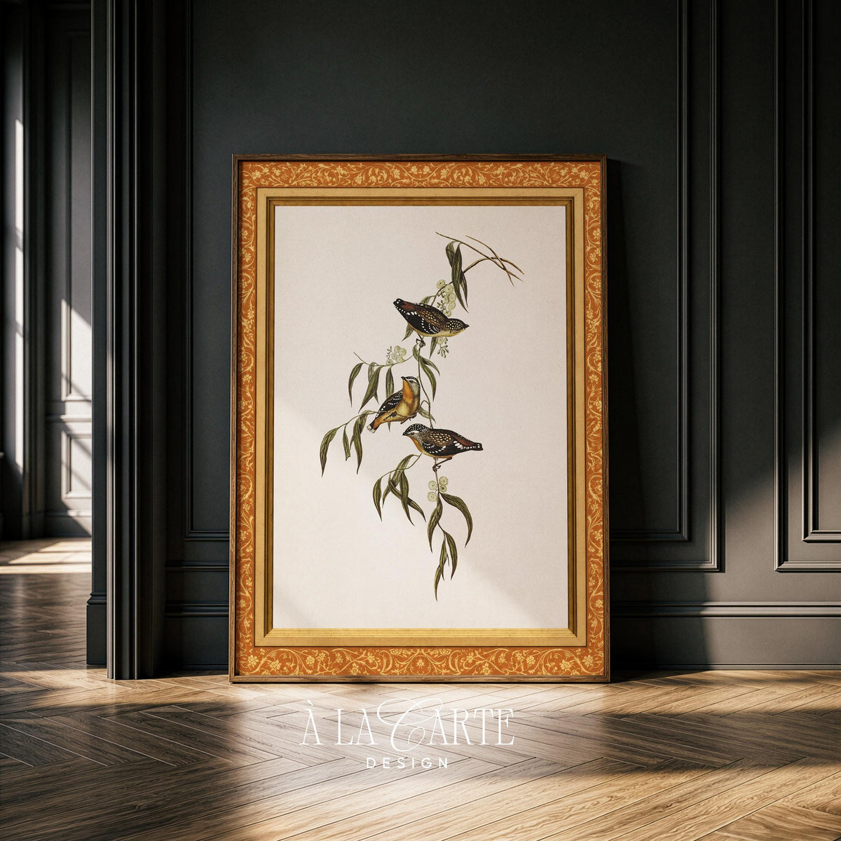 Vintage Botanical Bird Print | Antique Amber Frame Printable | Cottagecore Floral Wall Art V382