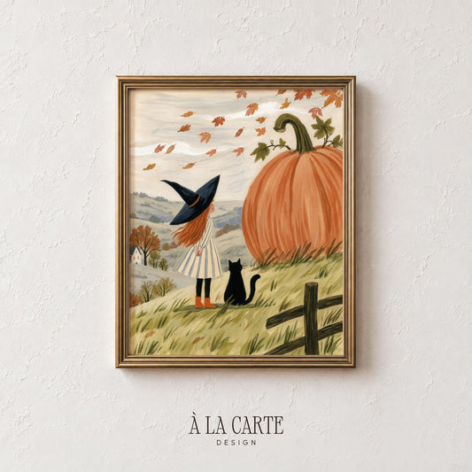 Vintage-style autumn illustration art print — witch-hatted child, oversized gourd, and pastoral landscape with distant home