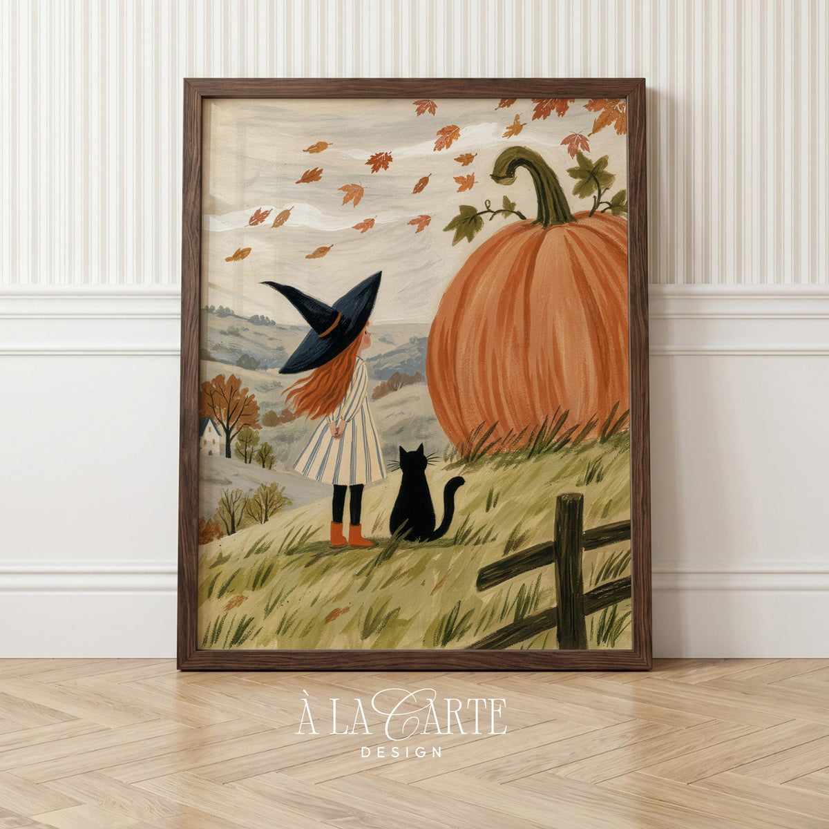 Cozy fall folk art poster for study — young figure in pointed hat beside towering pumpkin with black cat in countryside