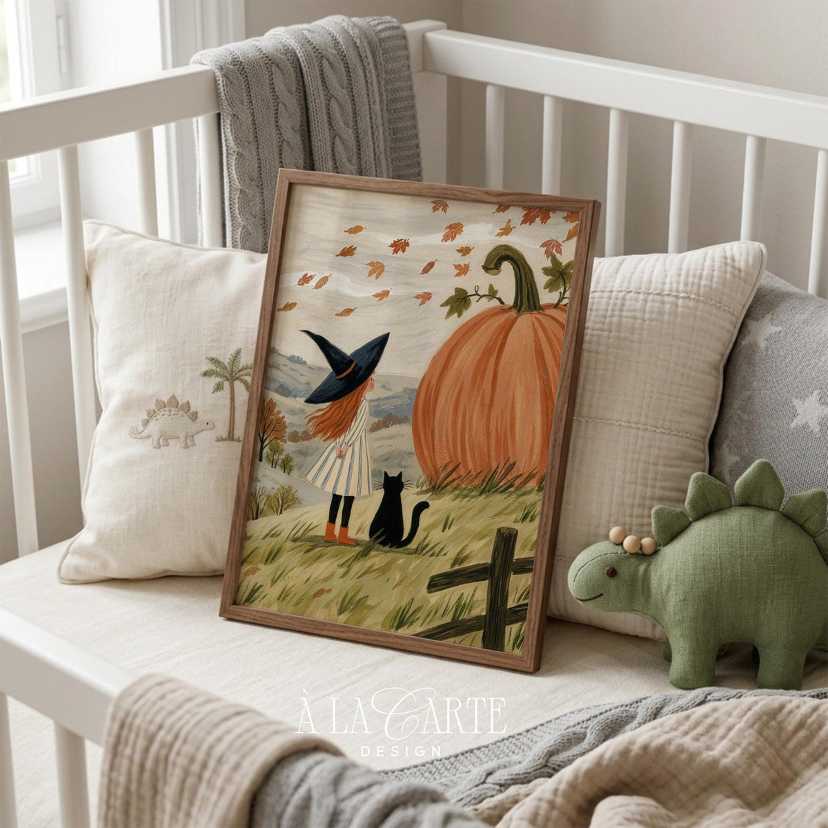 Witch girl pumpkin patch picture print for gallery wall — gentle autumn folk illustration with countryside cottage backdrop