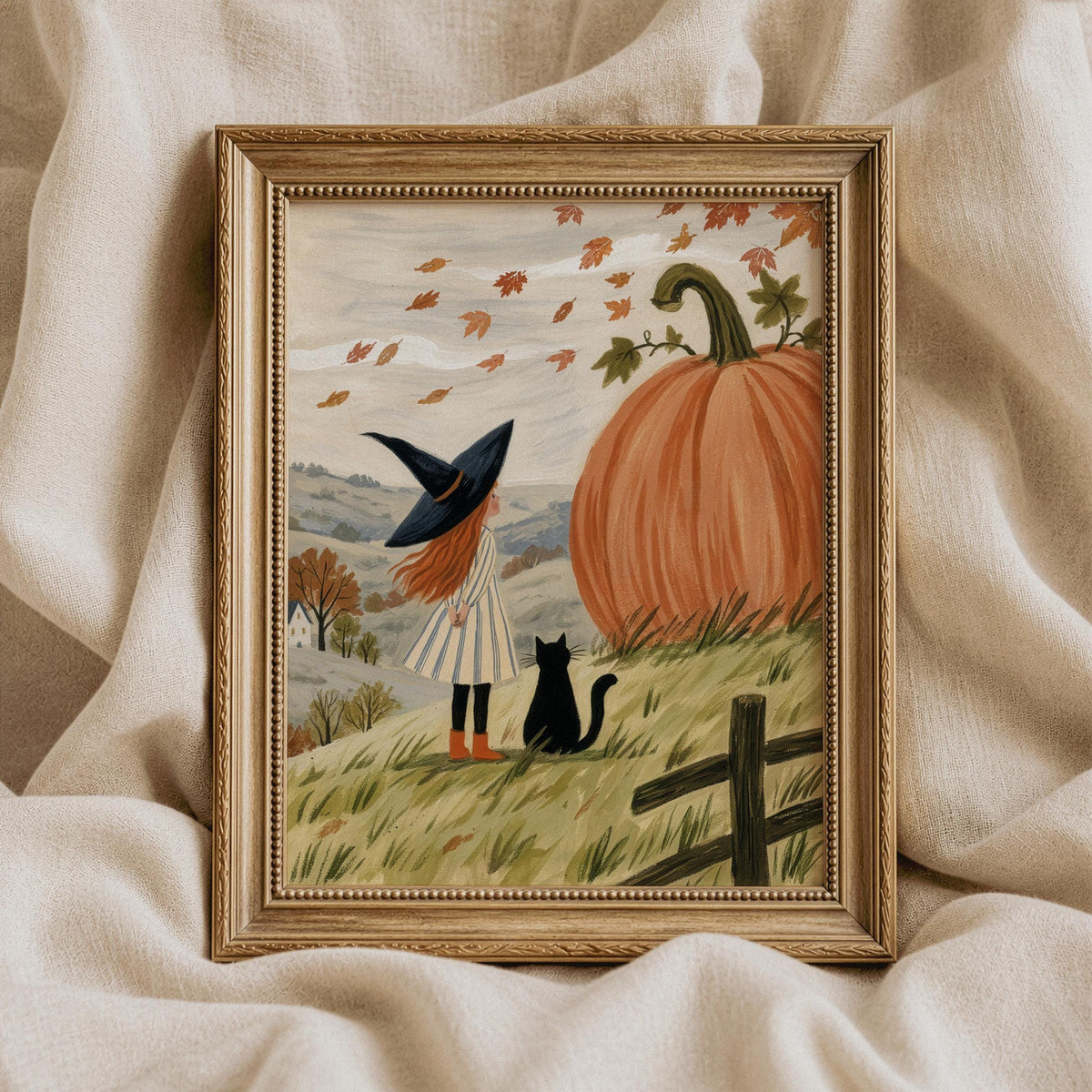 Girl in witch hat beside oversized pumpkin wall art for bedroom — cozy storybook illustration with black cat