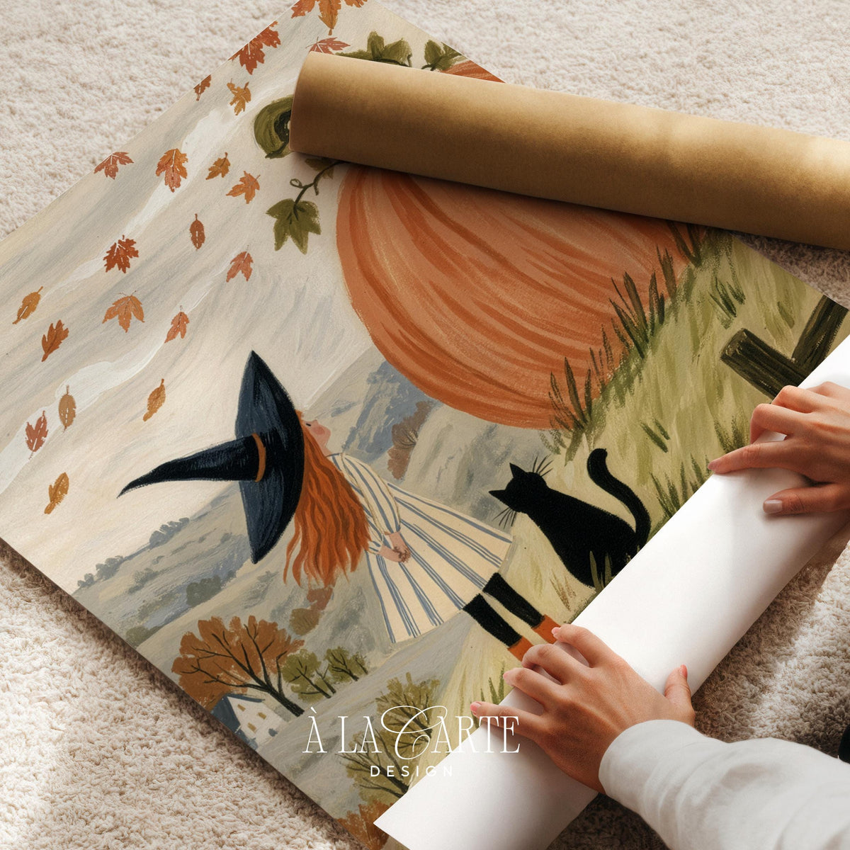 Storybook autumn artwork featuring small witch and massive pumpkin — textured village scene with cream and sage palette