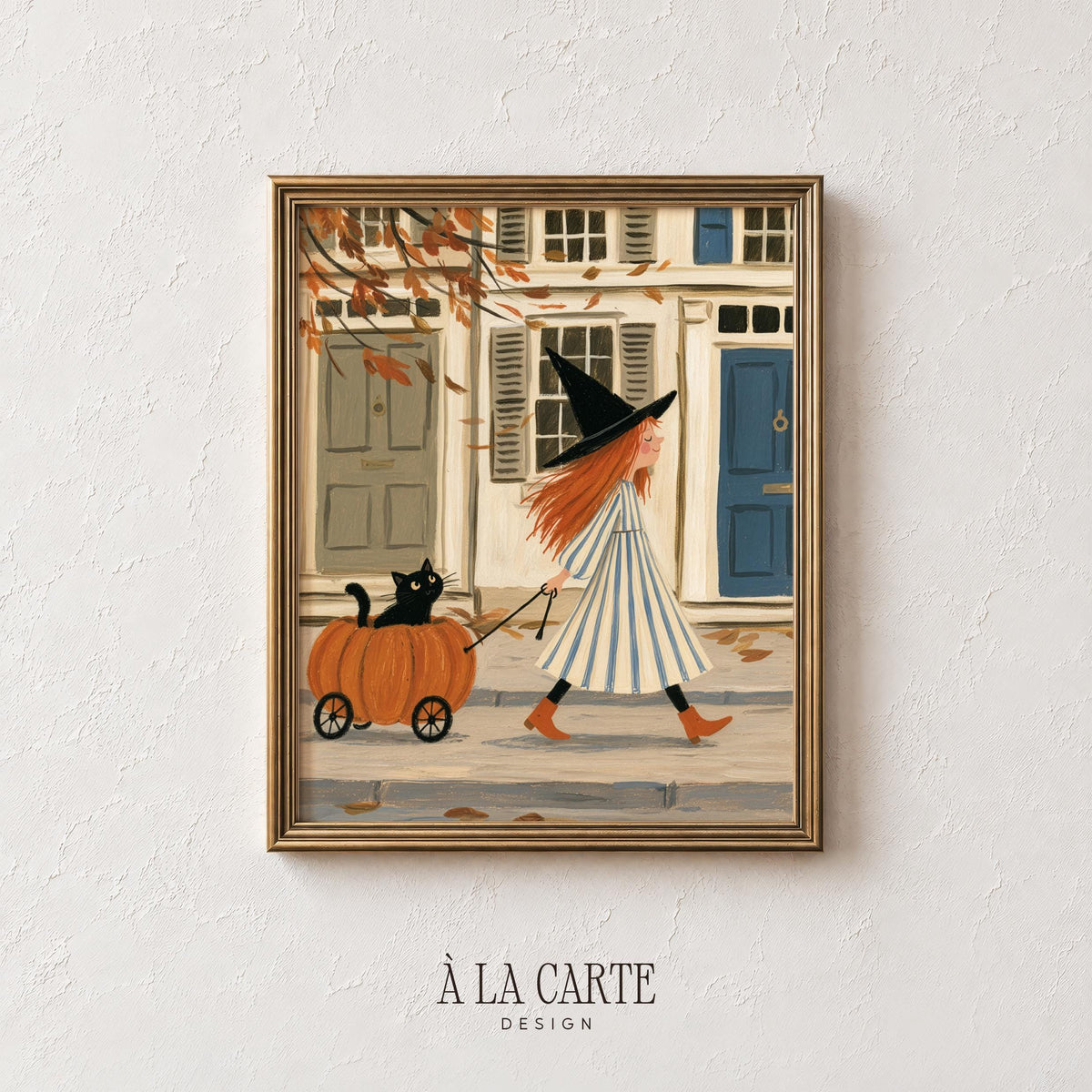 Spooky-cute gallery wall art printable with red-haired sorceress, striped frock, and harvest wagon scene