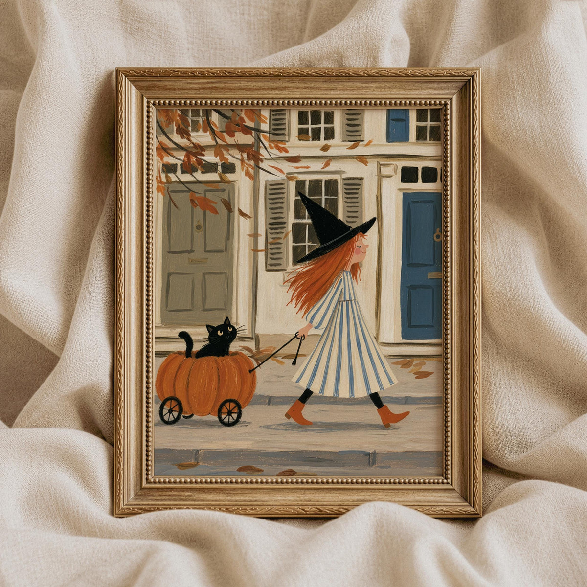 Enchanting autumn picture showing magical figure steering jack-o'-lantern wagon with tabby down lane