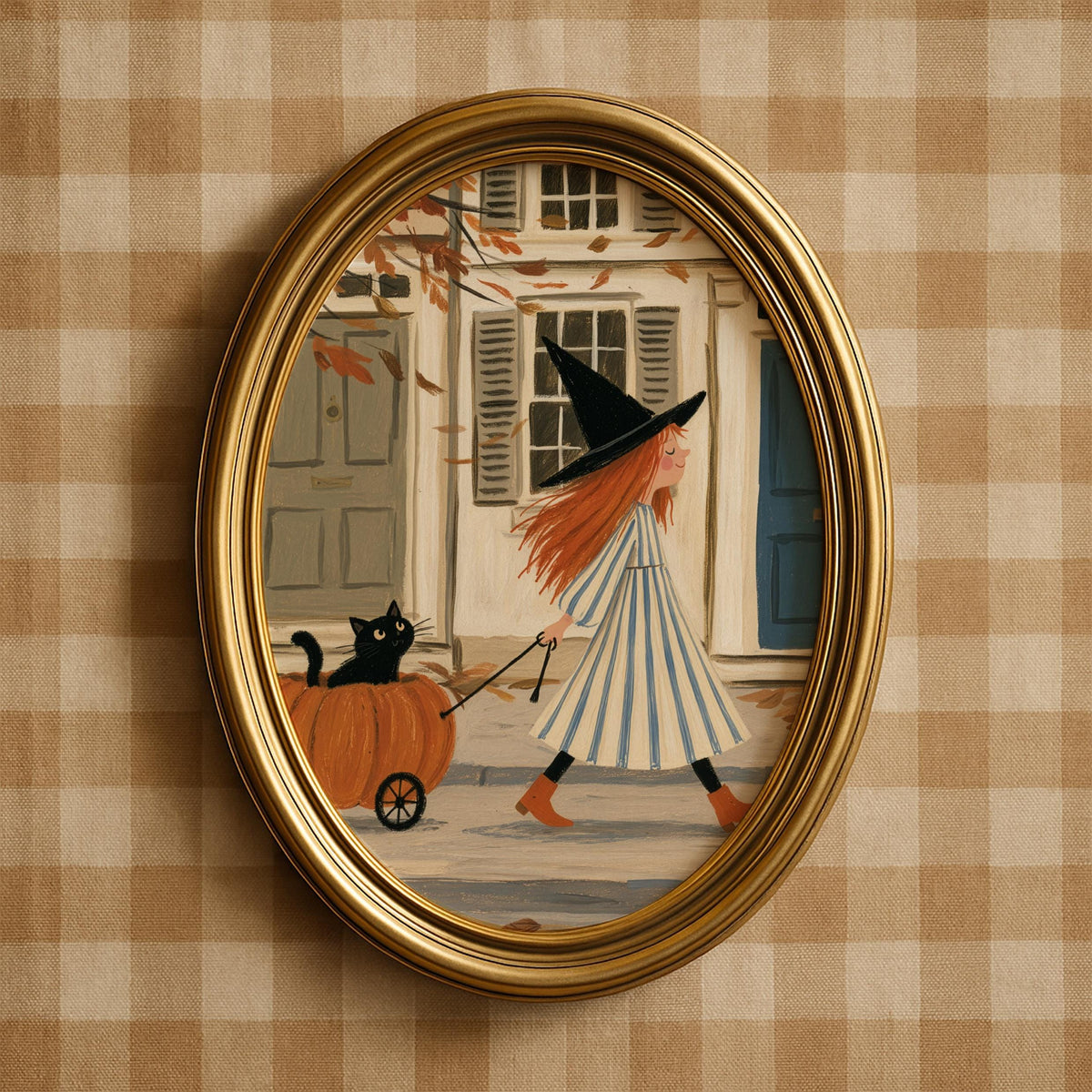 Charming October illustration poster for kids room — whimsical figure transporting pumpkin-riding animal through town