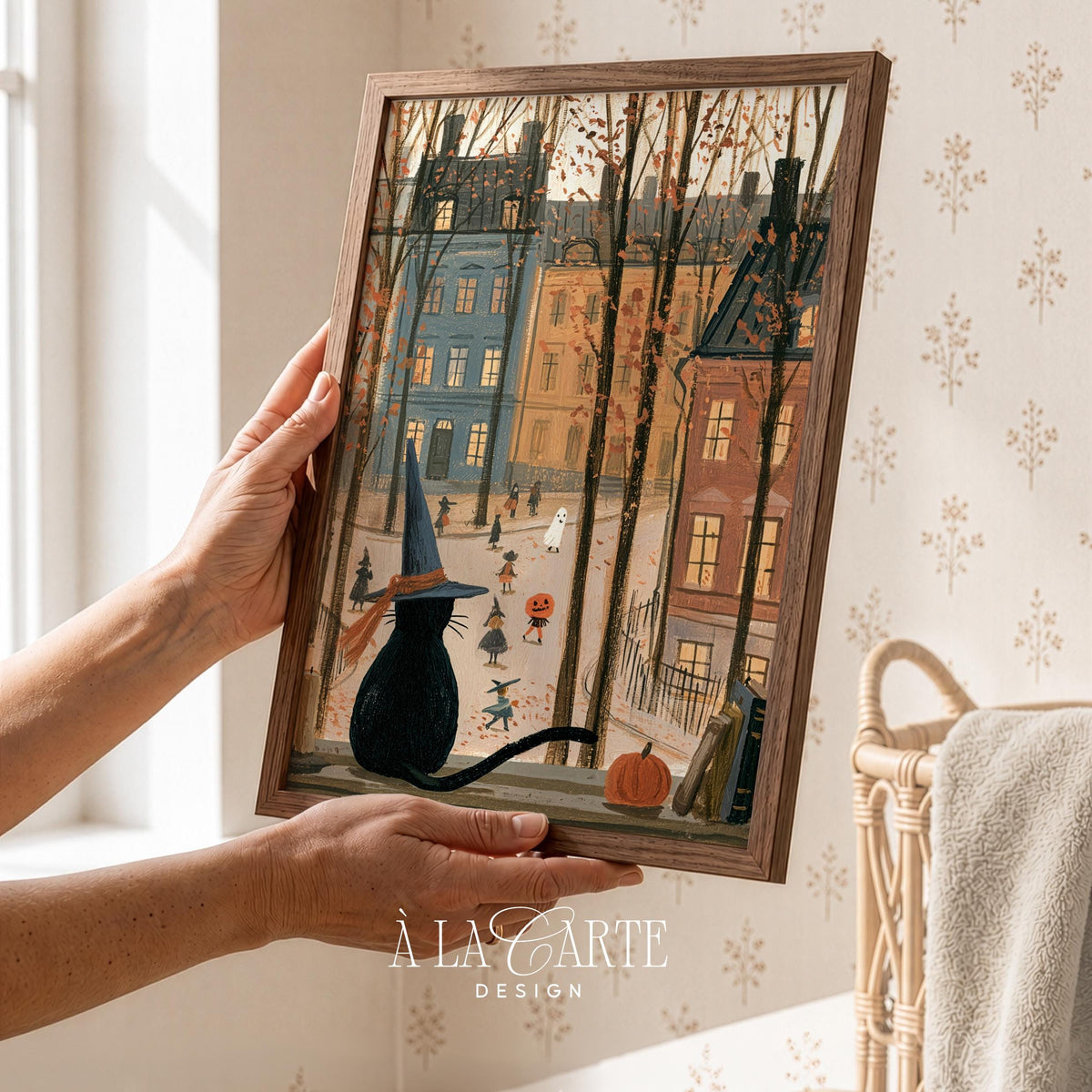 Pointed-hat cat wall decor for study — textured folk-inspired painting with warm cream accents