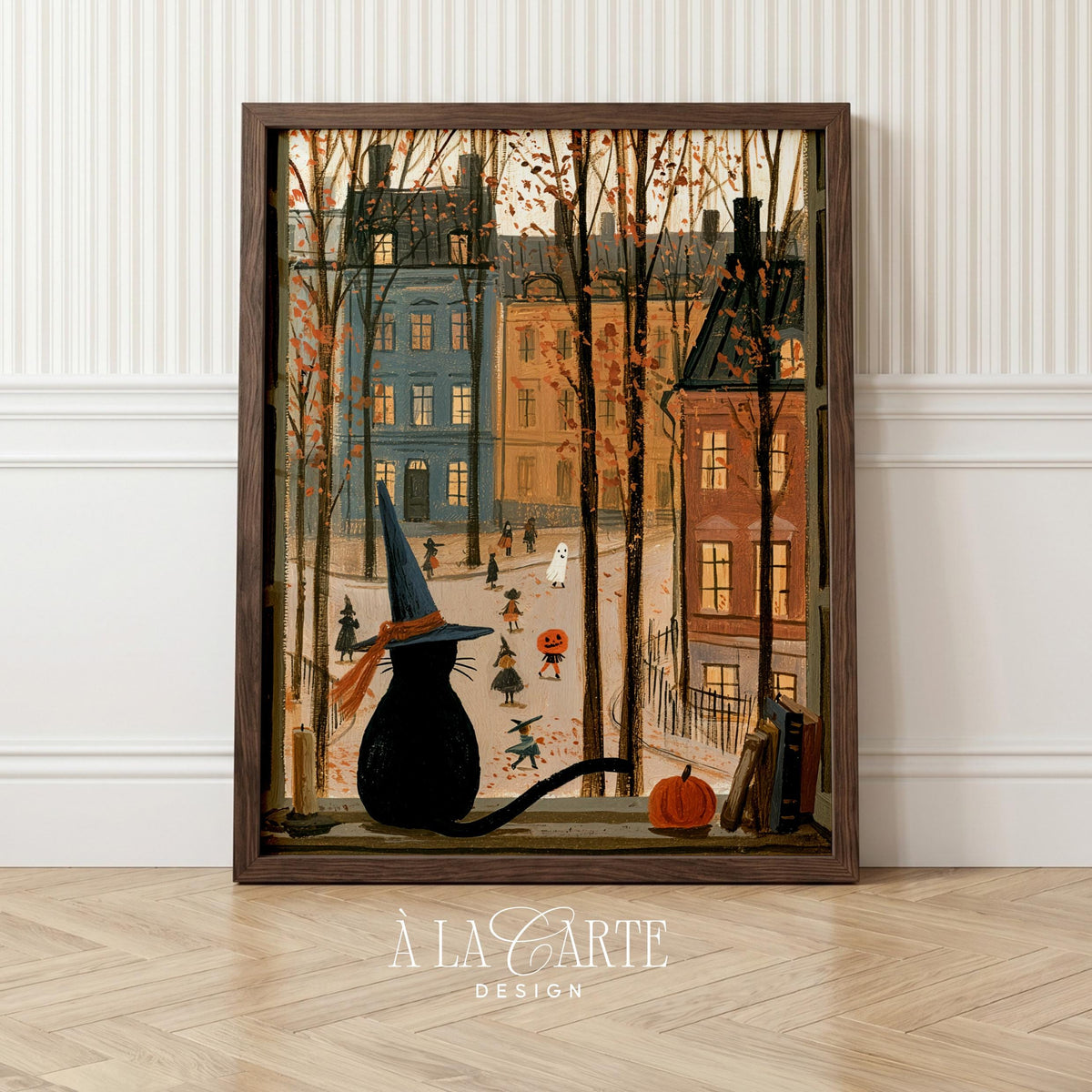 Windowsill cat digital wall art for dining room — muted vintage palette featuring lit windows and trees