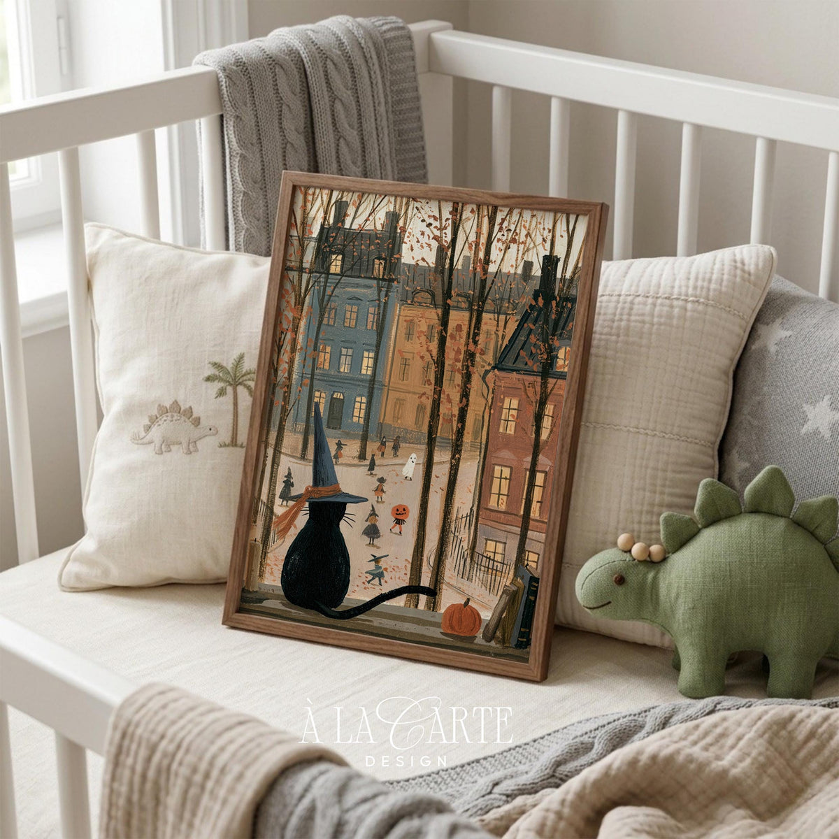 Seasonal feline scene wall picture for bathroom — folk-art style print with whimsical trick-or-treat narrative