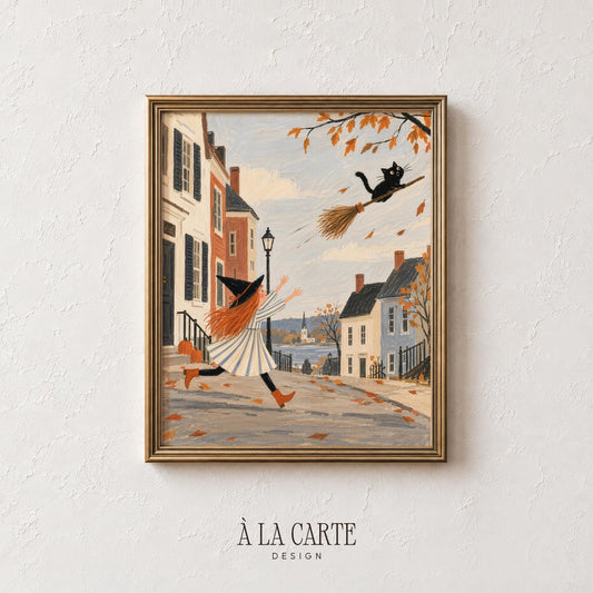 Witch chasing flying broom digital download — cozy fall artwork with bare branches and vintage village atmosphere