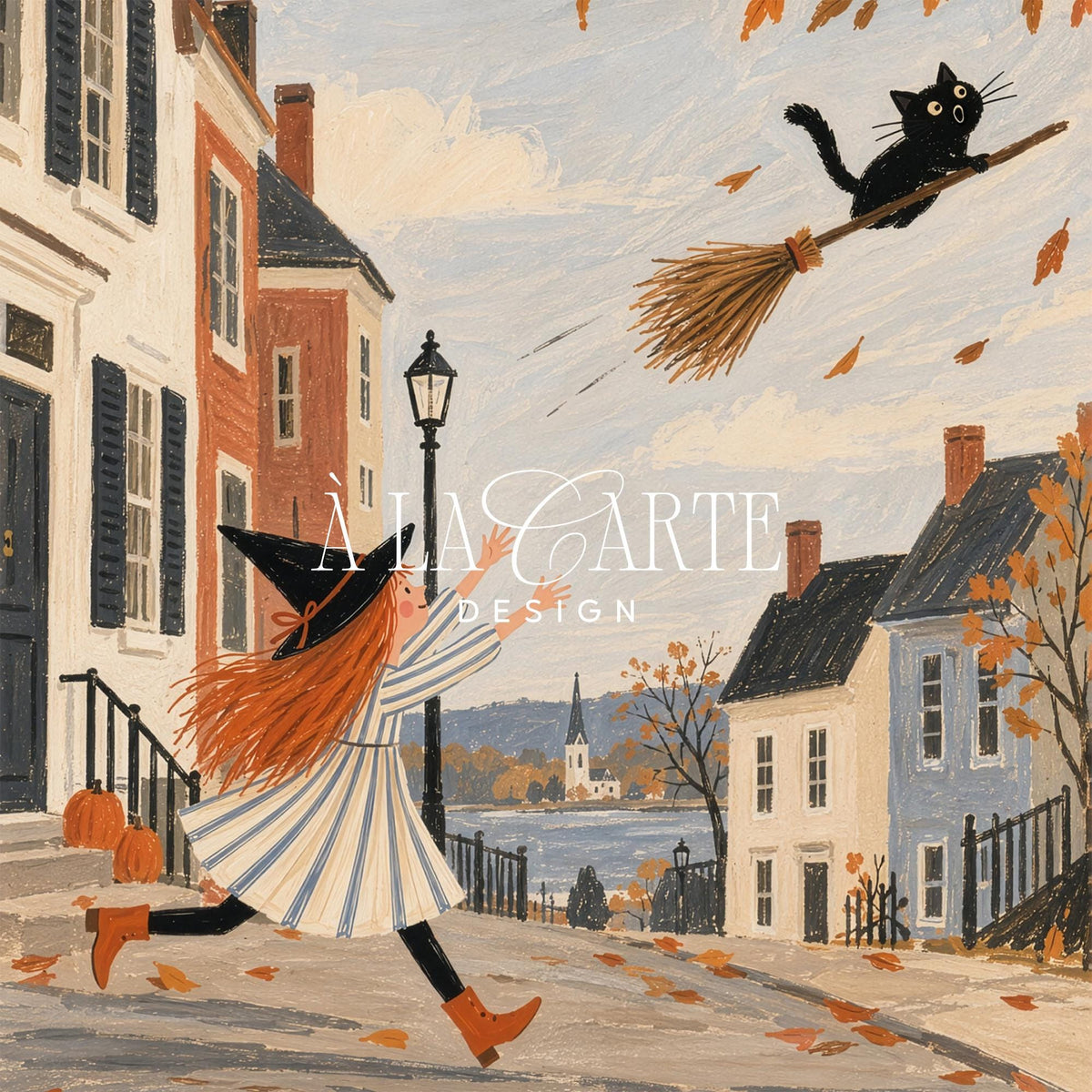 Spooky-cute Halloween wall art featuring broomstick chase — soft textured painting for festive home décor