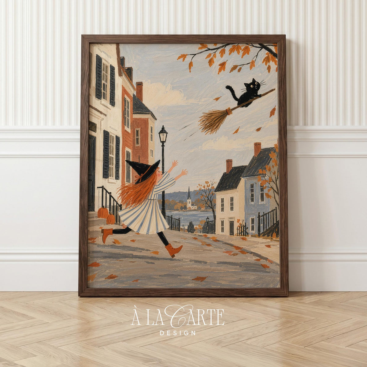 Runaway broomstick poster with witch and cat — cozy autumn wall art featuring vintage small-town charm