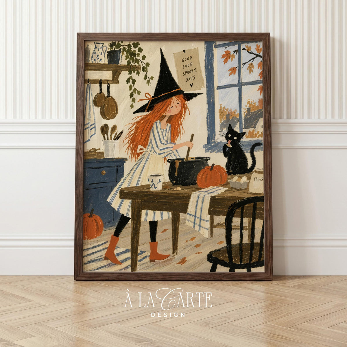 Halloween kitchen poster featuring witch brewing magic — rustic farmhouse art with warm muted tones