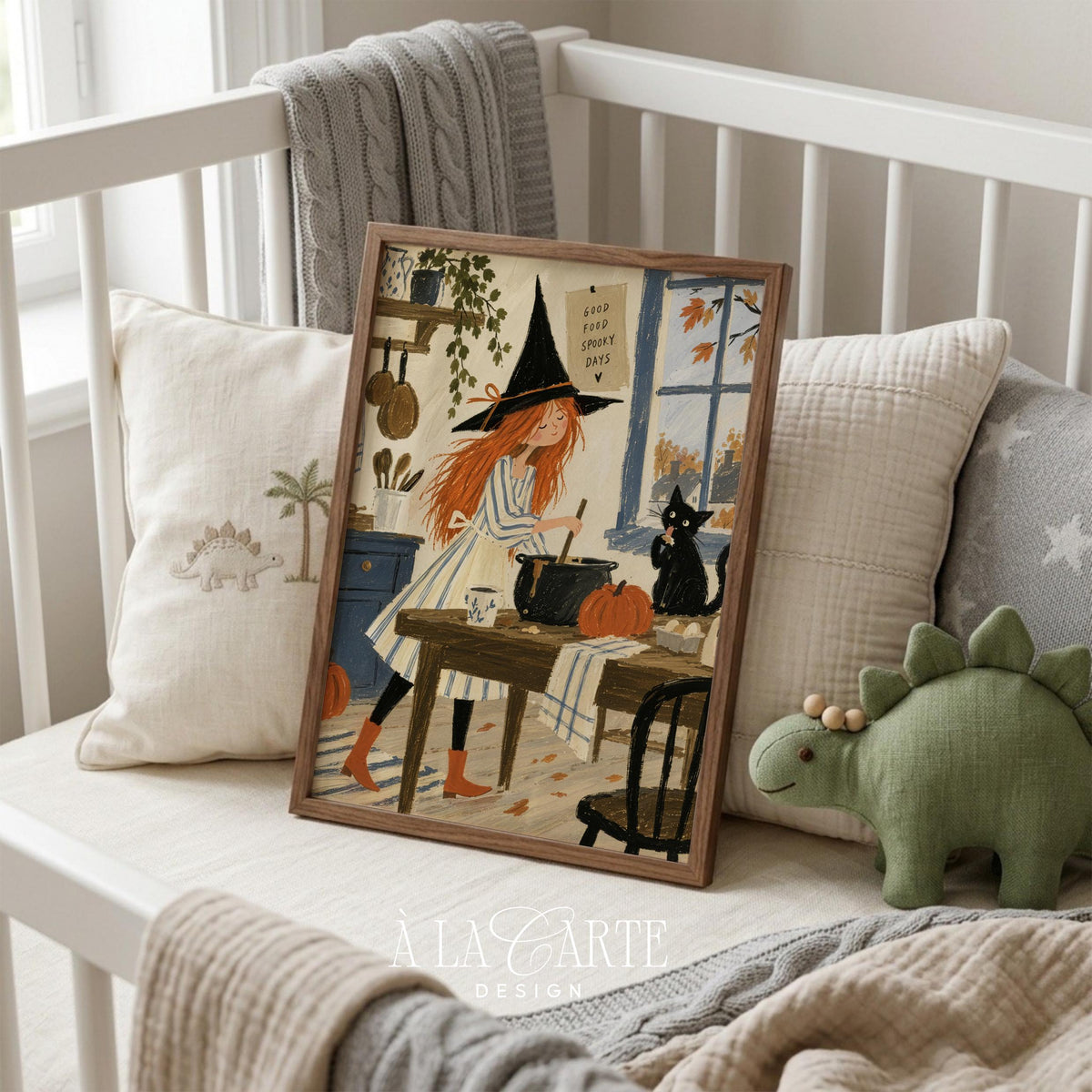 Folk-art witch portrait poster for dining room — autumn-inspired wall art with black cauldron and festive mood