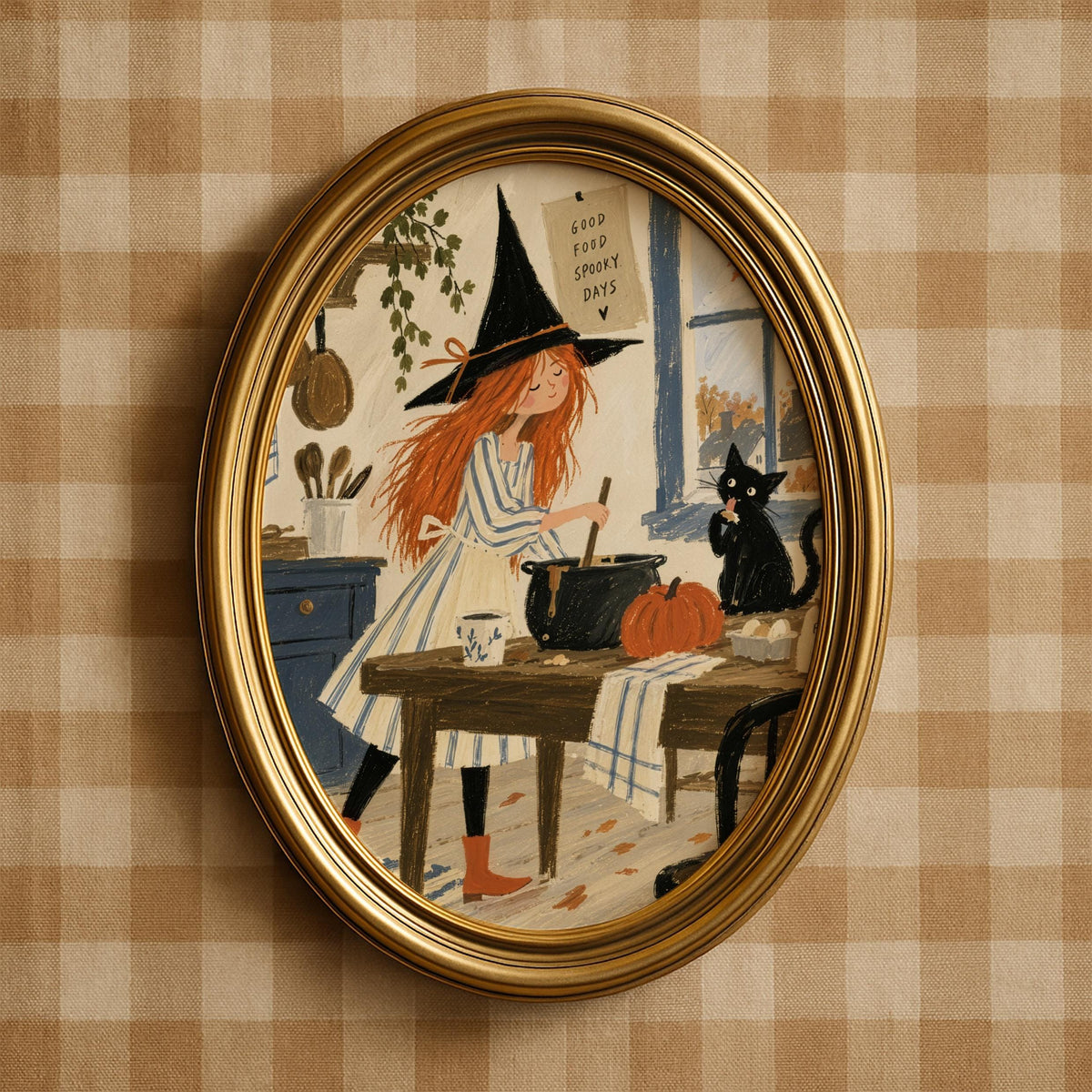 Magical potion brewing wall picture — charming spooky aesthetic with witch, cat, and harvest pumpkins