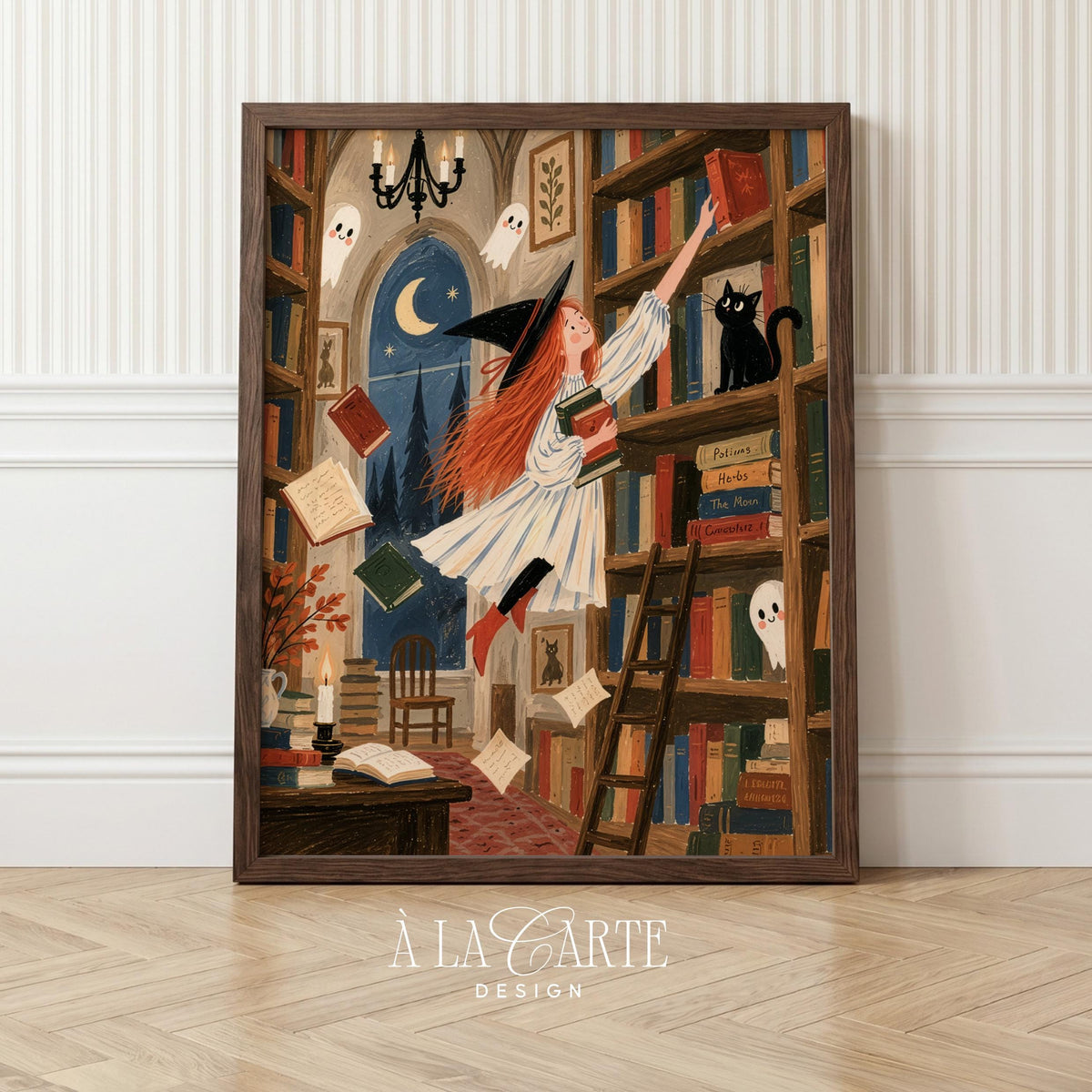 Folk-art style painting of red-haired sorceress in library with candlelit desk and tall shelves