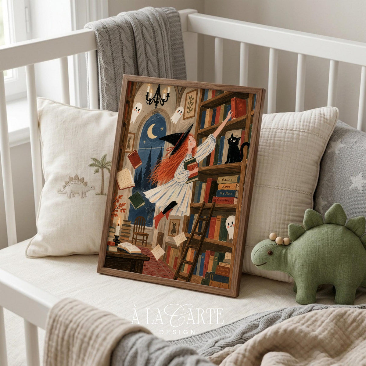Red-haired witch poster reaching for black cat amid floating books in magical library setting